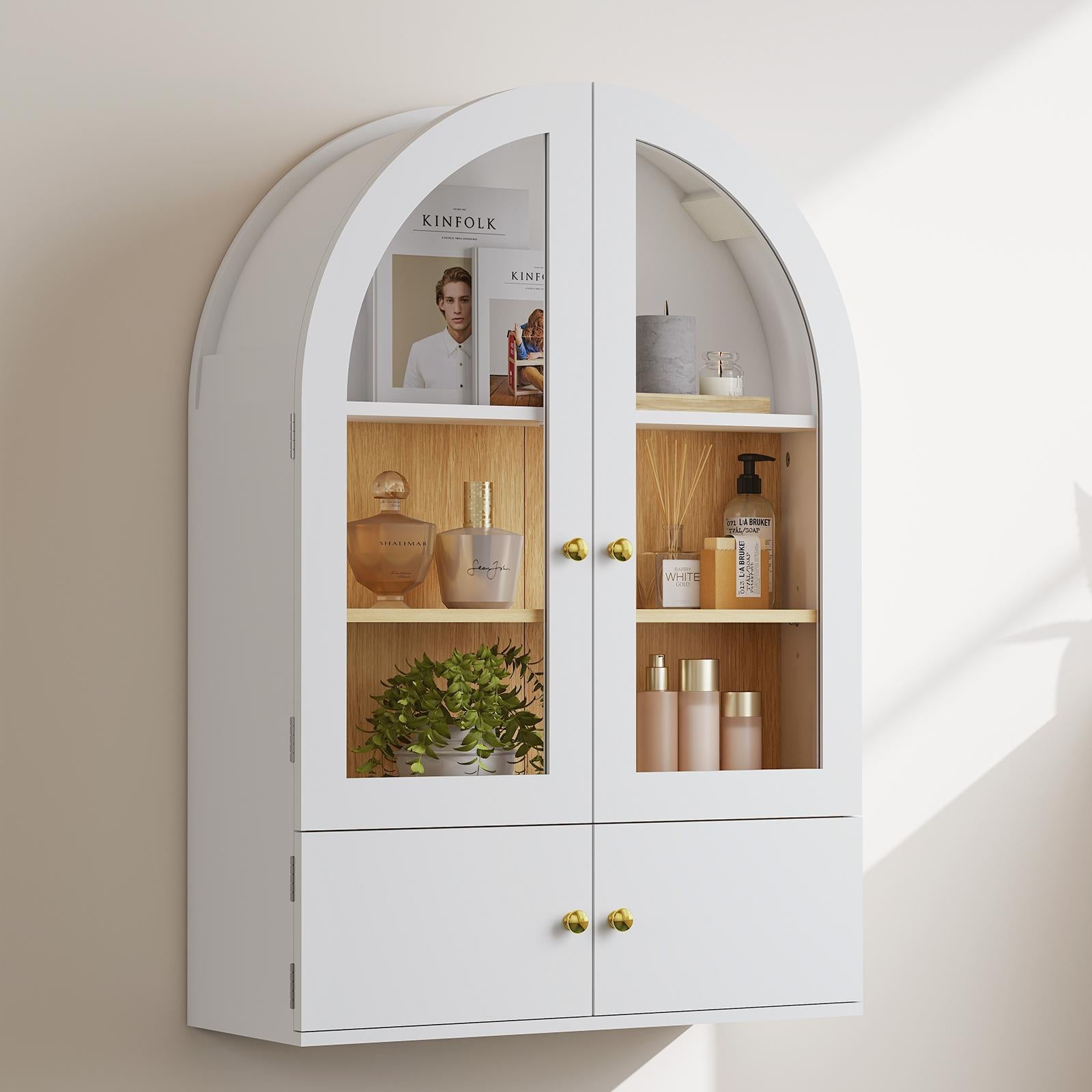 34" White Wood Wall Mounted Glass Panel Inlay Four Door Bathroom Cabinet