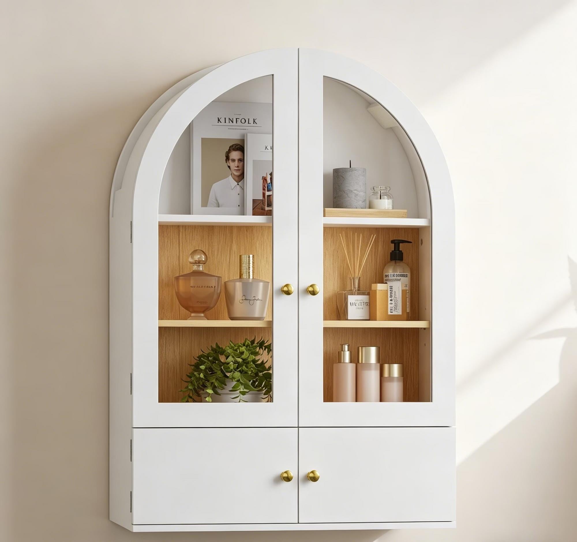 34" White Wood Wall Mounted Glass Panel Inlay Four Door Bathroom Cabinet