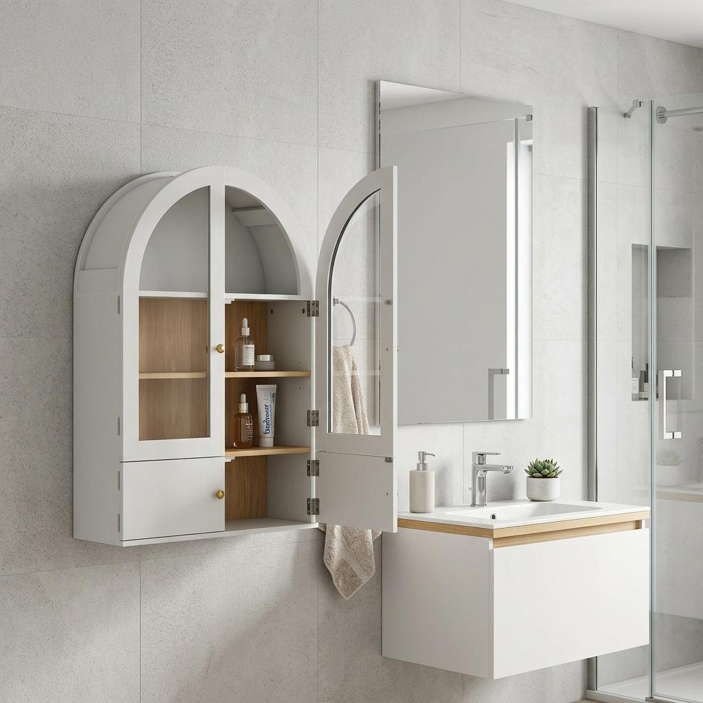 34" White Wood Wall Mounted Glass Panel Inlay Four Door Bathroom Cabinet