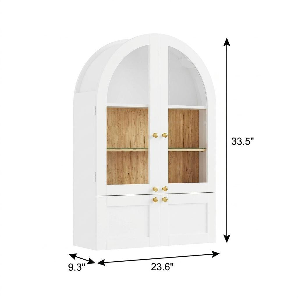 34" White Wood Wall Mounted Glass Panel Inlay Four Door Bathroom Cabinet