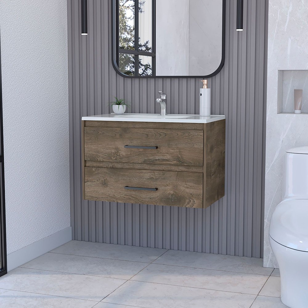 32" Dark Brown Wood Floating Bathroom Vanity With White Sink And Two Drawers