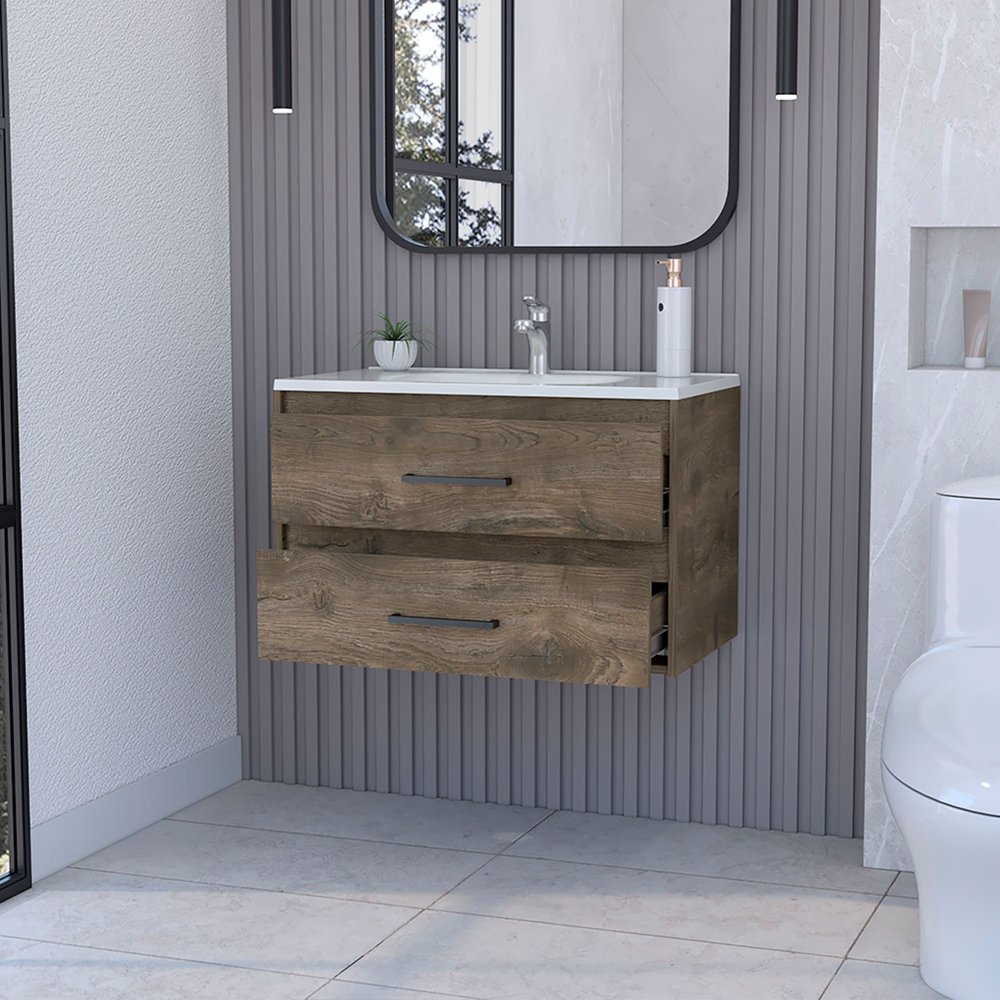 32" Dark Brown Wood Floating Bathroom Vanity With White Sink And Two Drawers