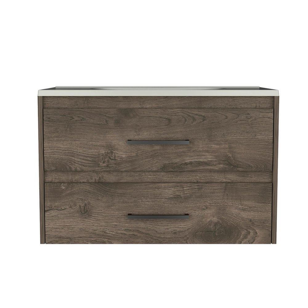 32" Dark Brown Wood Floating Bathroom Vanity With White Sink And Two Drawers