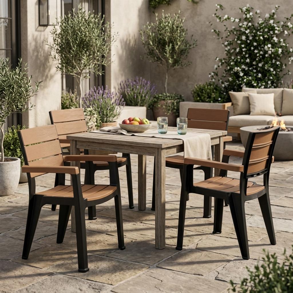 Set of Four Brown And Black Faux Wood Heavy Duty Plastic Outdoor Stacking Arm Chairs