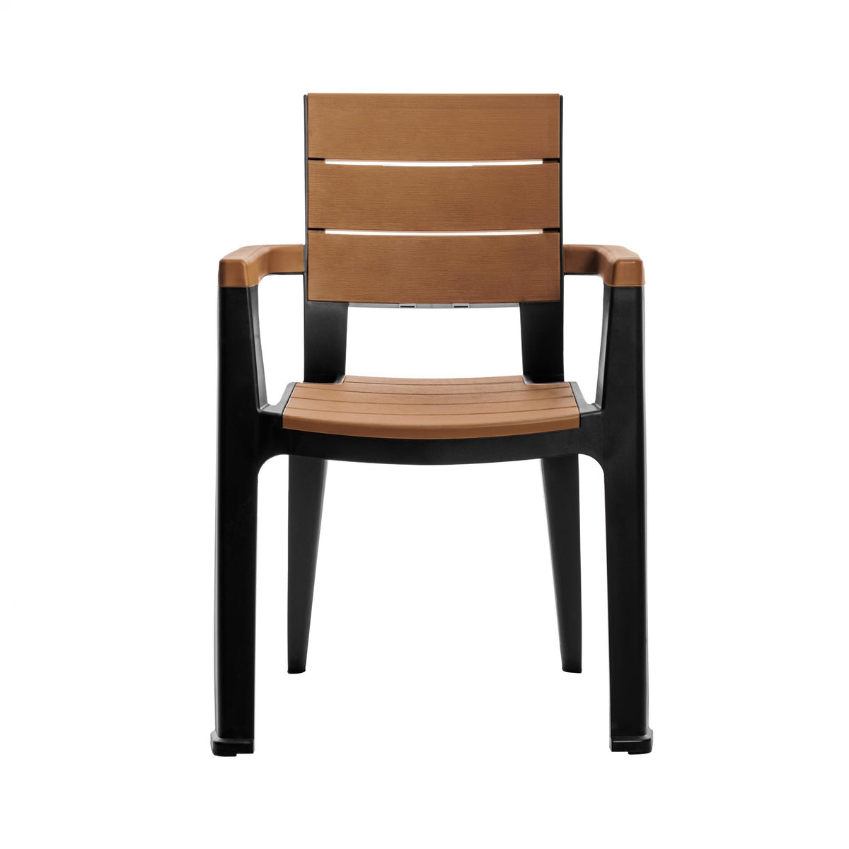Set of Four Brown And Black Faux Wood Heavy Duty Plastic Outdoor Stacking Arm Chairs