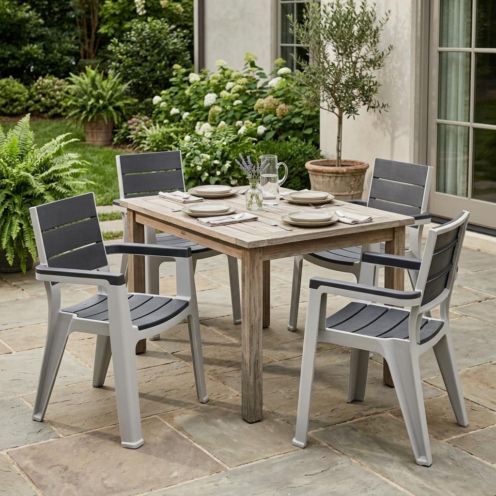 Set of Four Charcoal And Gray Faux Wood Heavy Duty Plastic Outdoor Stacking Arm Chairs