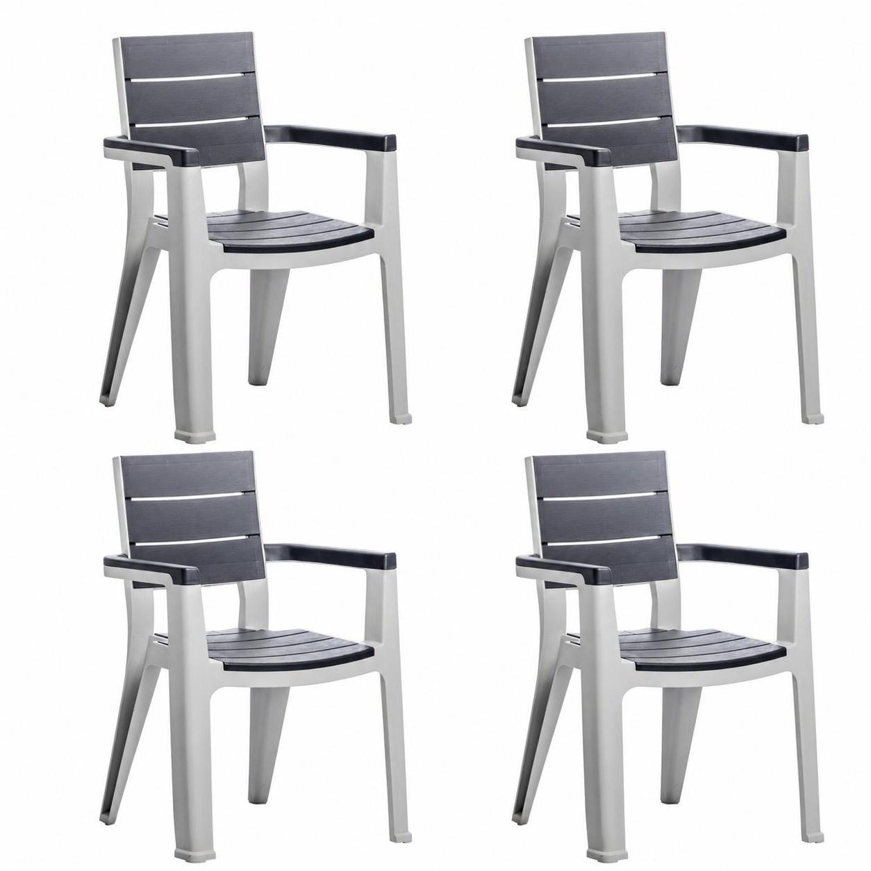 Set of Four Charcoal And Gray Faux Wood Heavy Duty Plastic Outdoor Stacking Arm Chairs