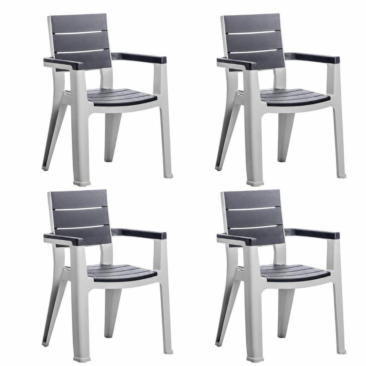 Set of Four Charcoal And Gray Faux Wood Heavy Duty Plastic Outdoor Stacking Arm Chairs