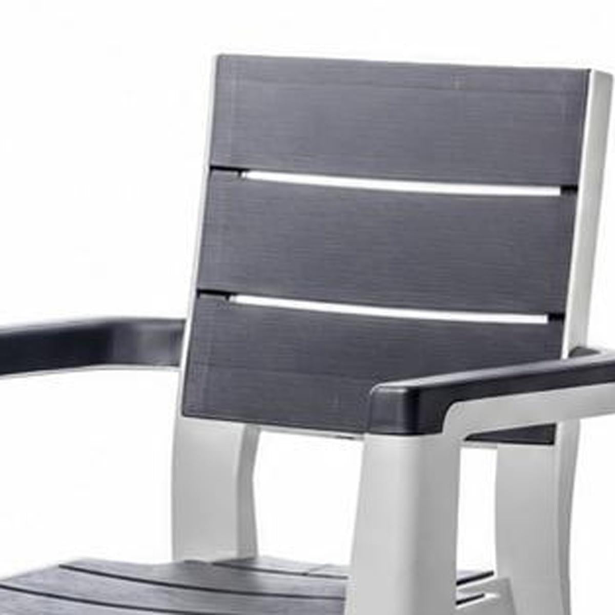 Set of Four Charcoal And Gray Faux Wood Heavy Duty Plastic Outdoor Stacking Arm Chairs