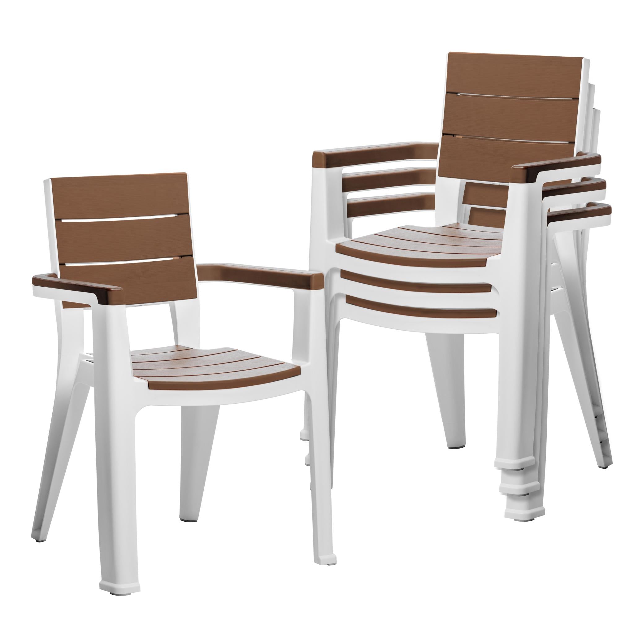 Set of Four Brown And White Faux Wood Heavy Duty Plastic Outdoor Stacking Arm Chairs
