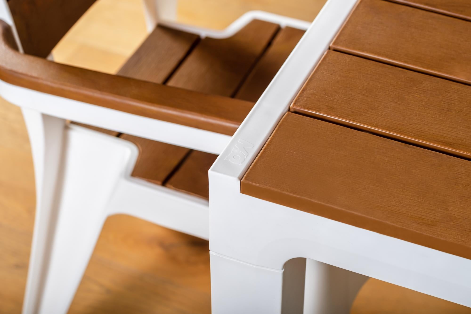 Set of Four Brown And White Faux Wood Heavy Duty Plastic Outdoor Stacking Arm Chairs