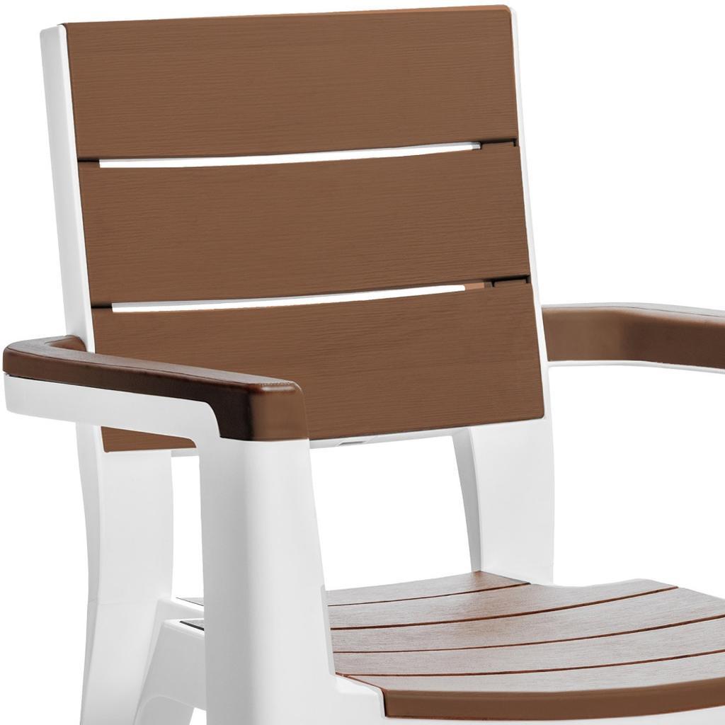 Set of Four Brown And White Faux Wood Heavy Duty Plastic Outdoor Stacking Arm Chairs