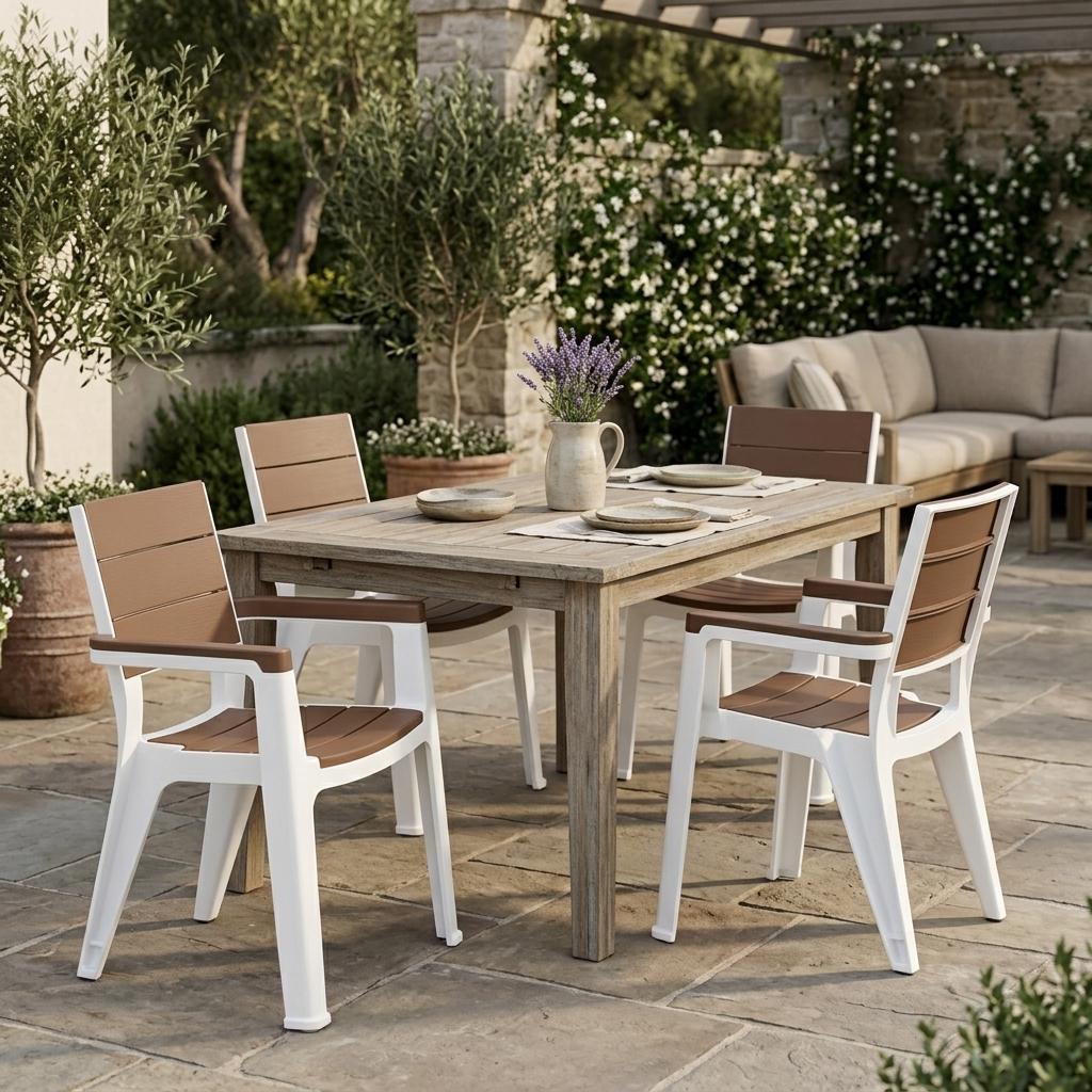 Set of Four Brown And White Faux Wood Heavy Duty Plastic Outdoor Stacking Arm Chairs