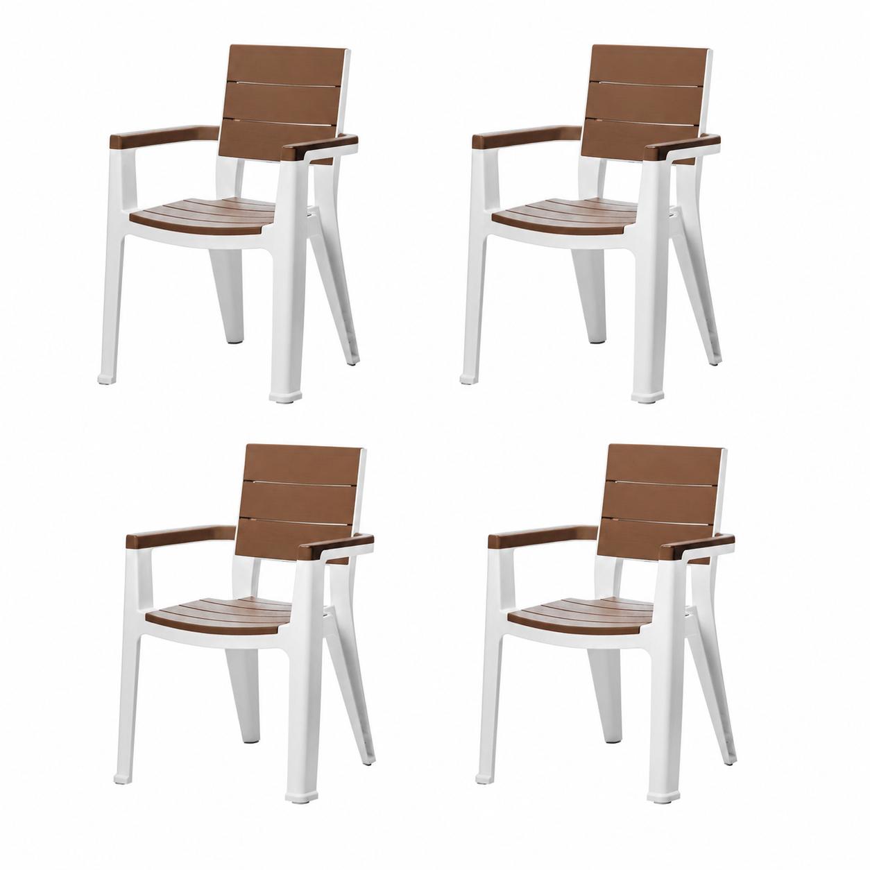 Set of Four Brown And White Faux Wood Heavy Duty Plastic Outdoor Stacking Arm Chairs