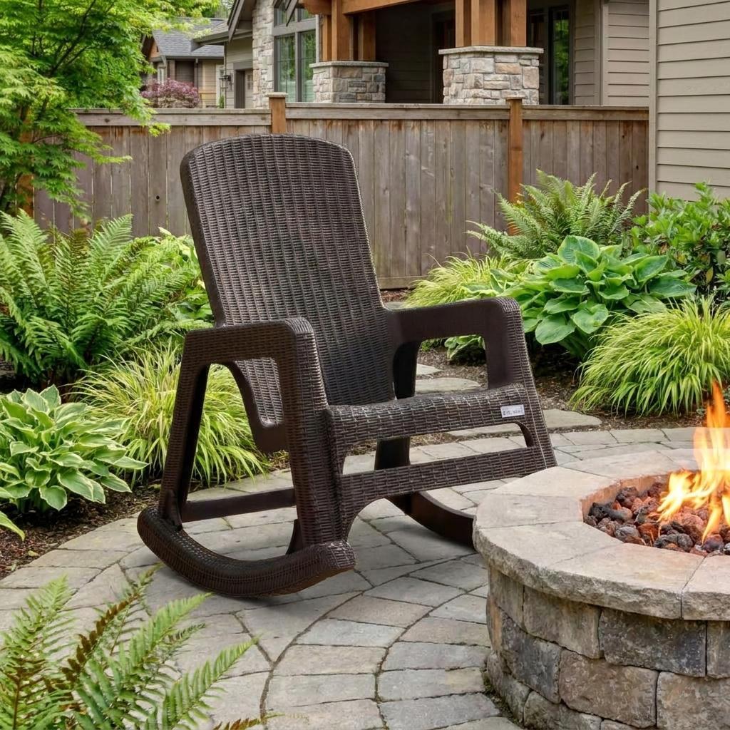 30" Espresso Faux Rattan Heavy Duty Plastic Outdoor Rocking Rocking Chair