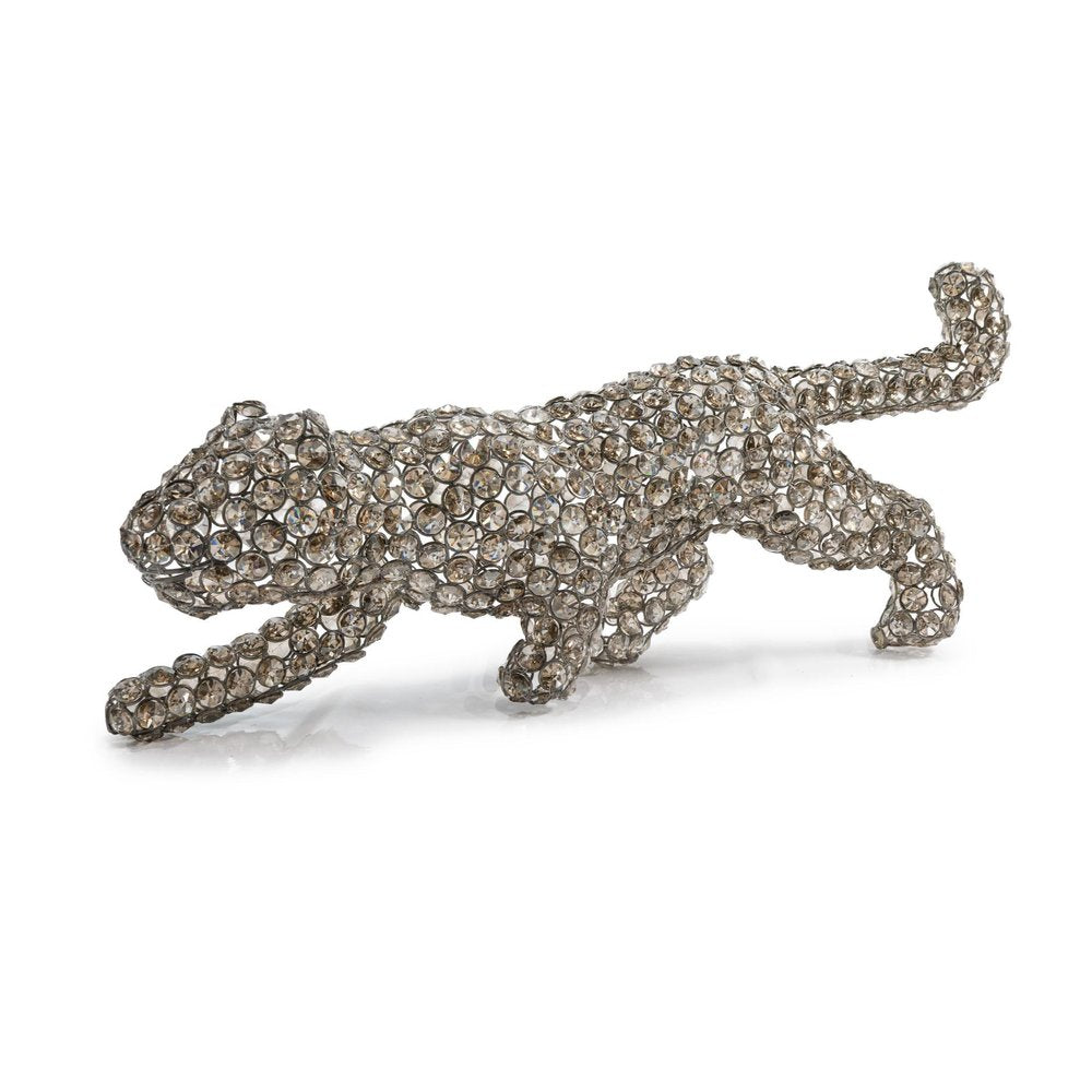 23" Silver And Clear Iron And Faux Crystal Panther Tabletop Sculpture