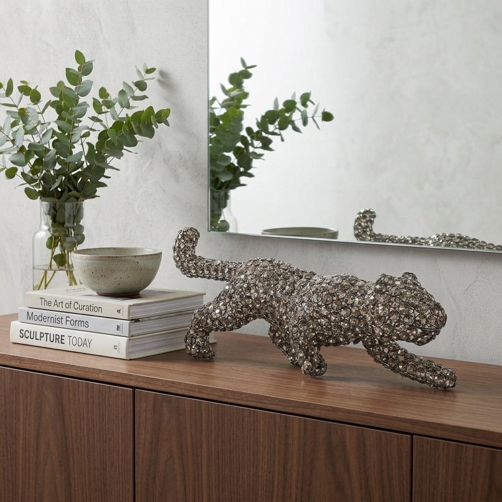 23" Silver And Clear Iron And Faux Crystal Panther Tabletop Sculpture