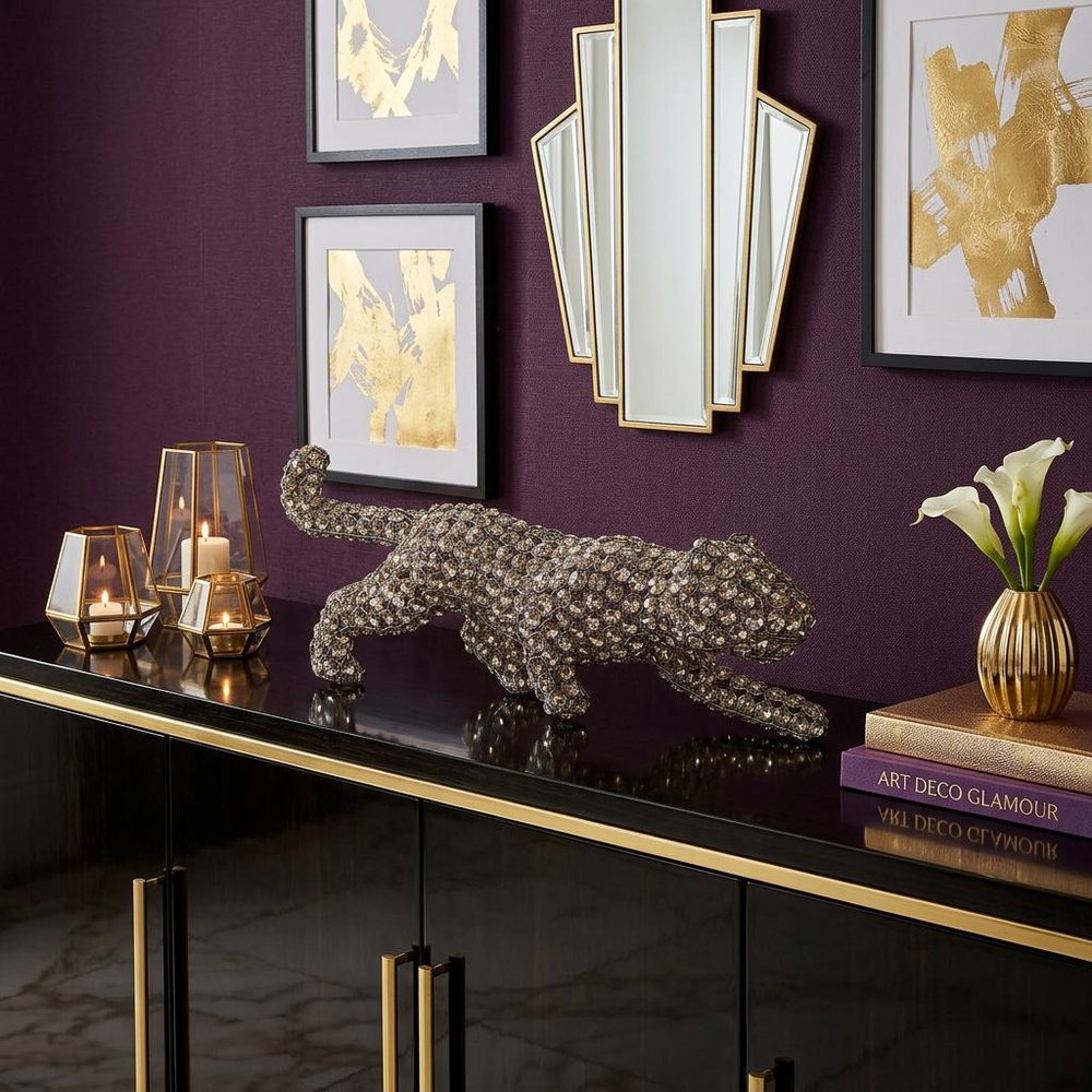 23" Silver And Clear Iron And Faux Crystal Panther Tabletop Sculpture