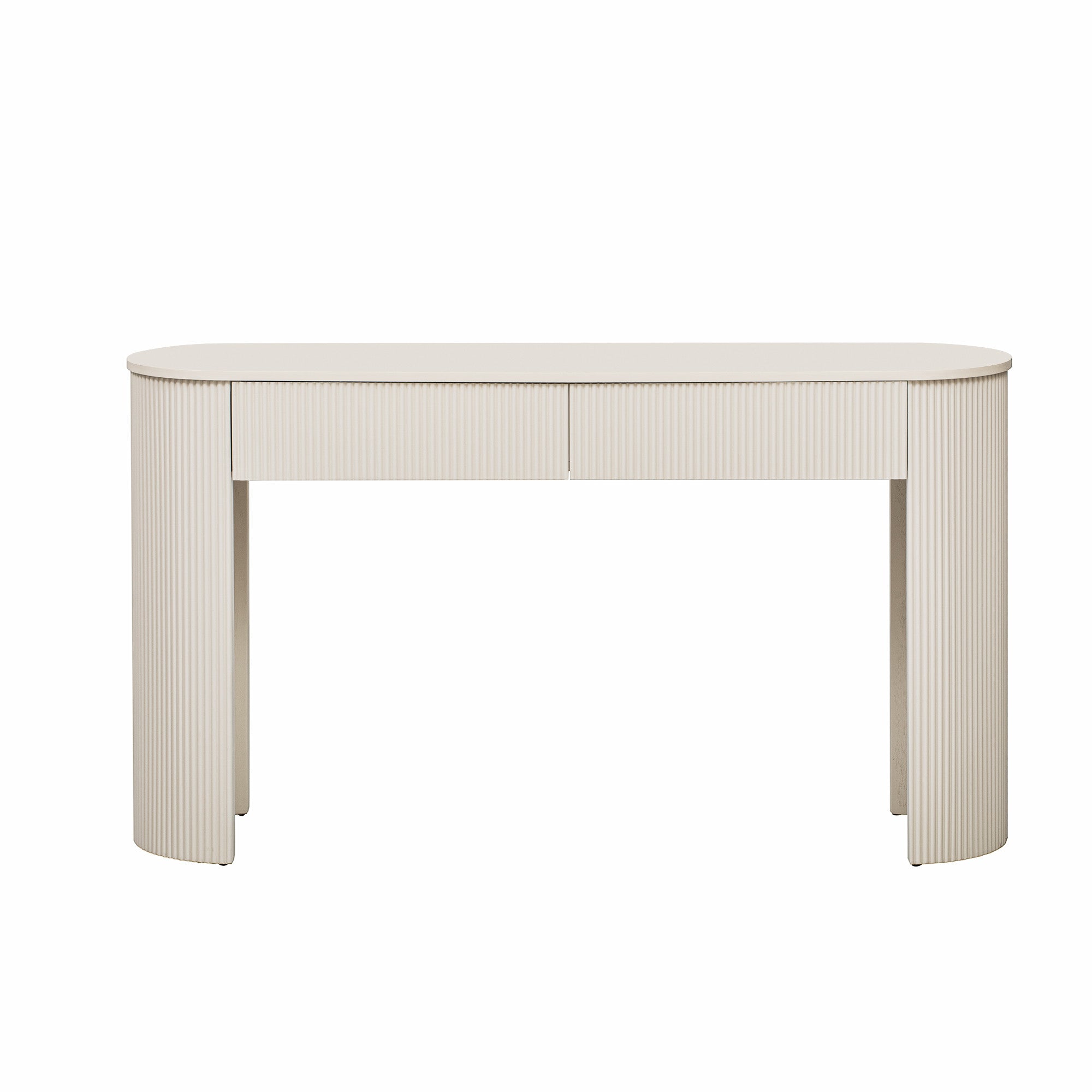 54" Off White Wood Ribbed Texture Double Pedestal Oval Console Table With Two Drawers