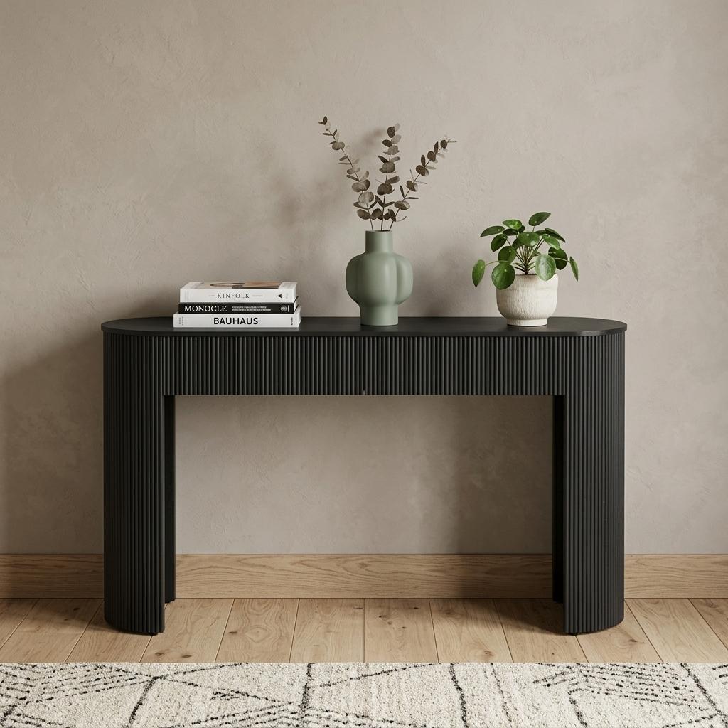 54" Black Wood Ribbed Texture Double Pedestal Oval Console Table With Two Drawers