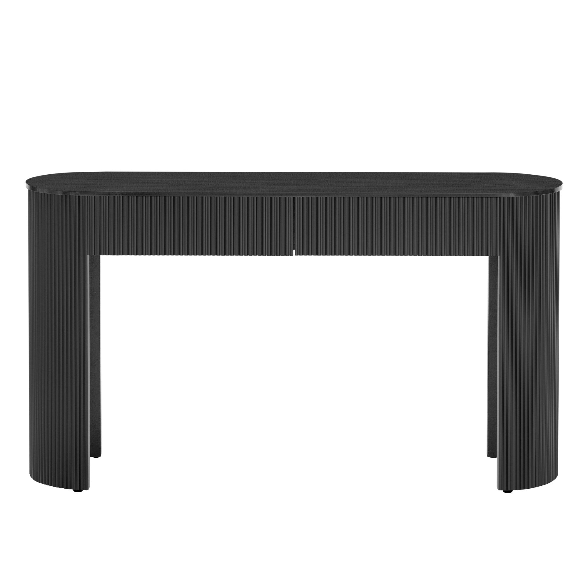 54" Black Wood Ribbed Texture Double Pedestal Oval Console Table With Two Drawers