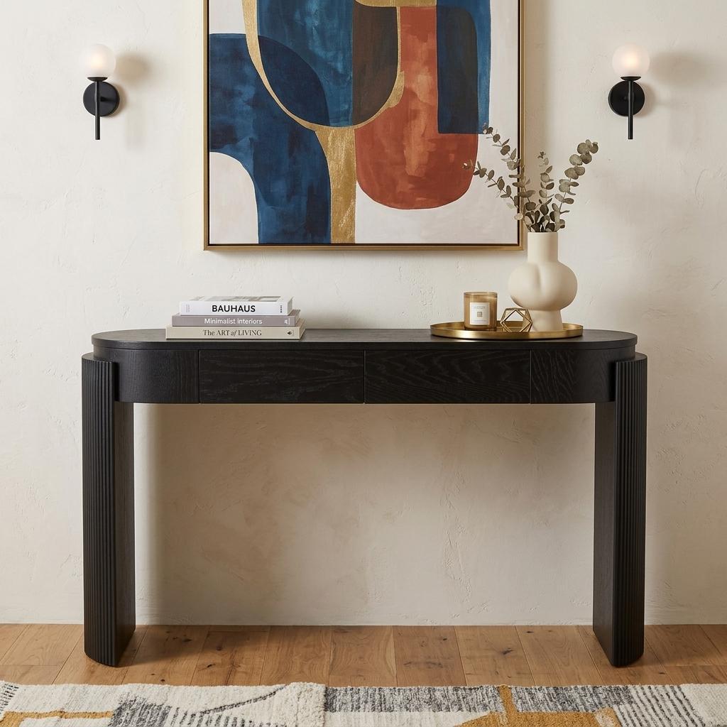 55" Black Wood Oval Double Pedestal Console Table With Two Drawers