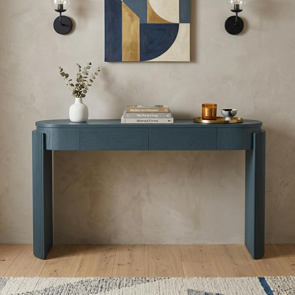 55" Teal Blue Wood Oval Double Pedestal Console Table With Two Drawers