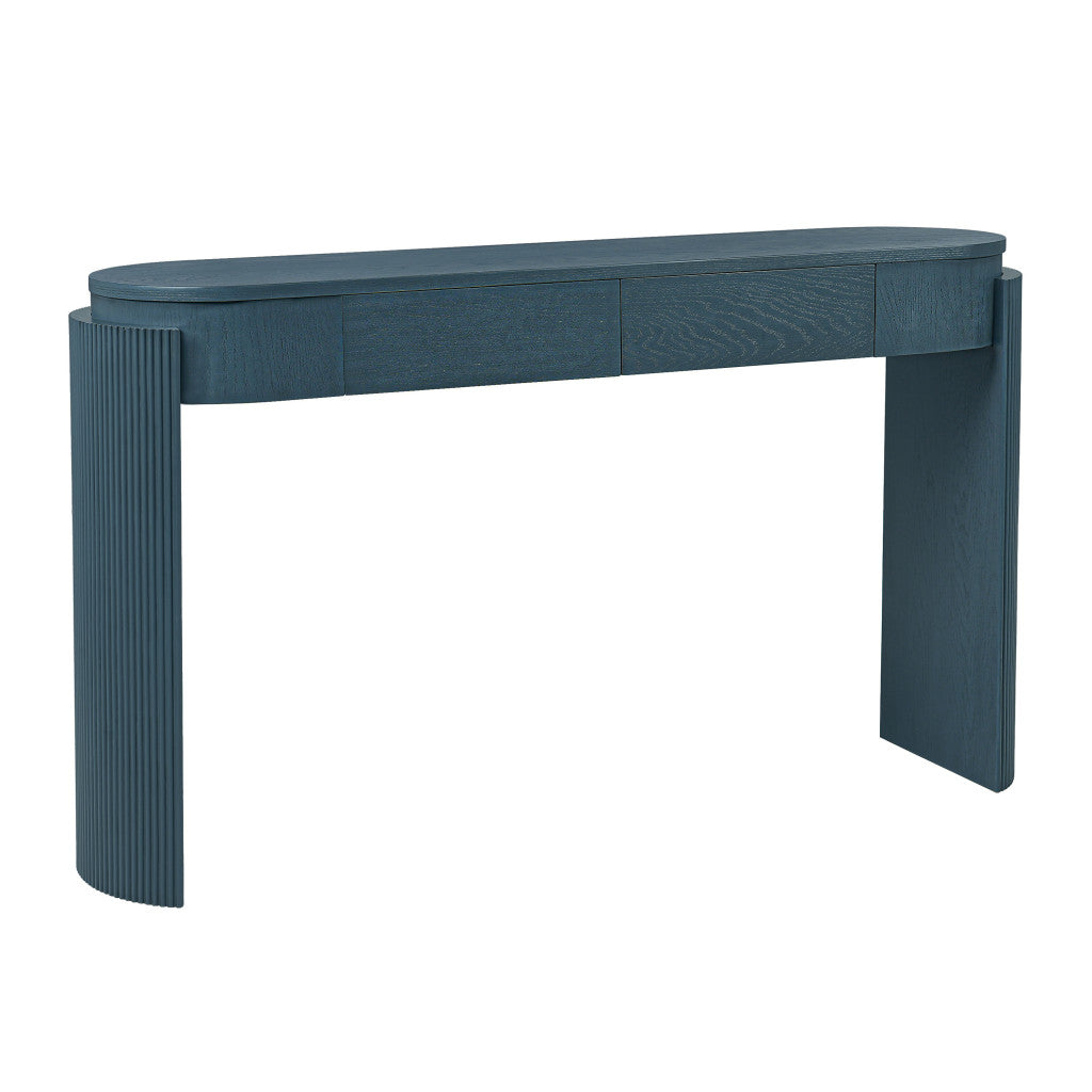 55" Teal Blue Wood Oval Double Pedestal Console Table With Two Drawers