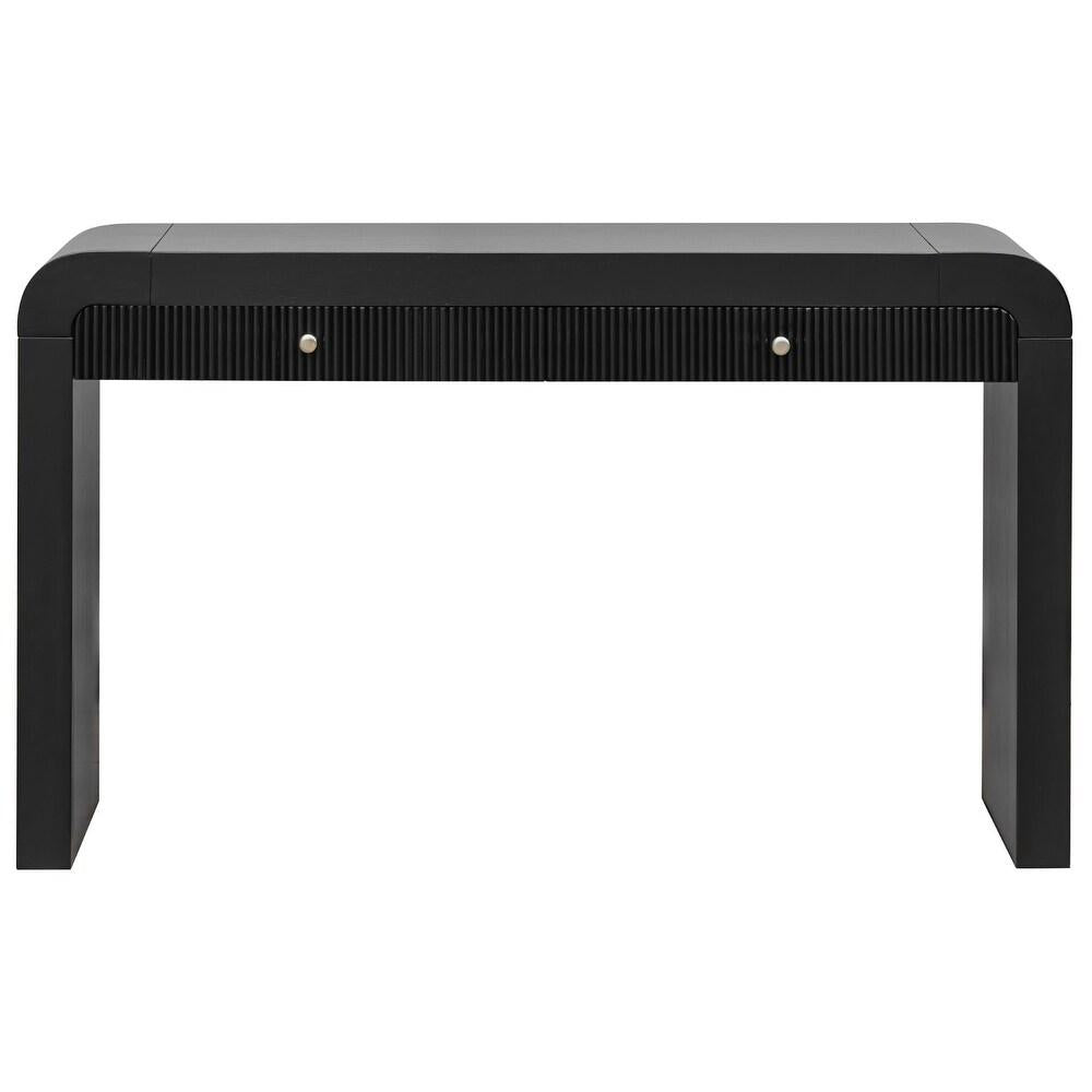 54" Black Wood Double Pedestal Curved Edge Console Table With Two Drawers