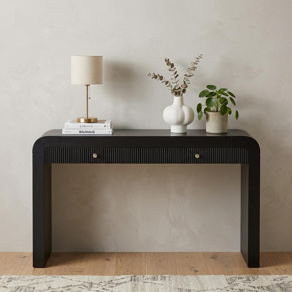 54" Black Wood Double Pedestal Curved Edge Console Table With Two Drawers