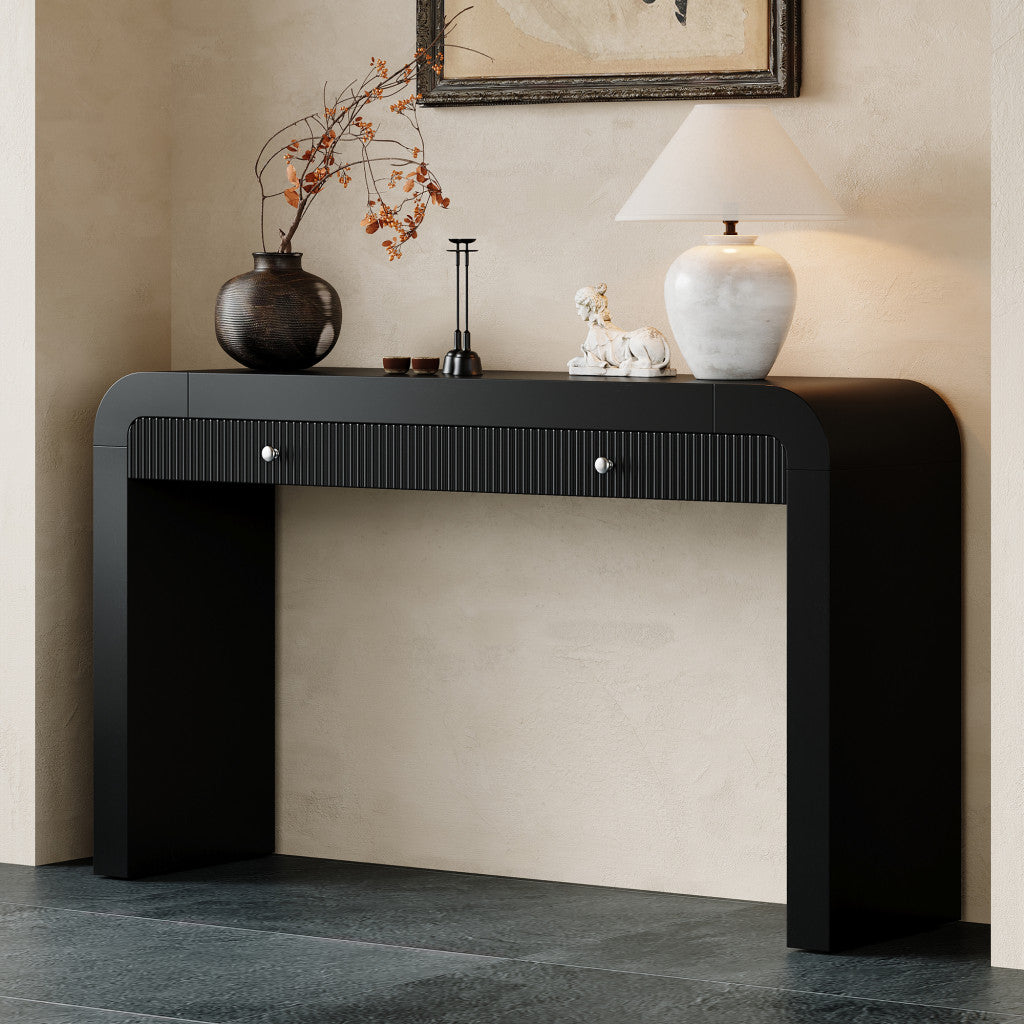 54" Black Wood Double Pedestal Curved Edge Console Table With Two Drawers