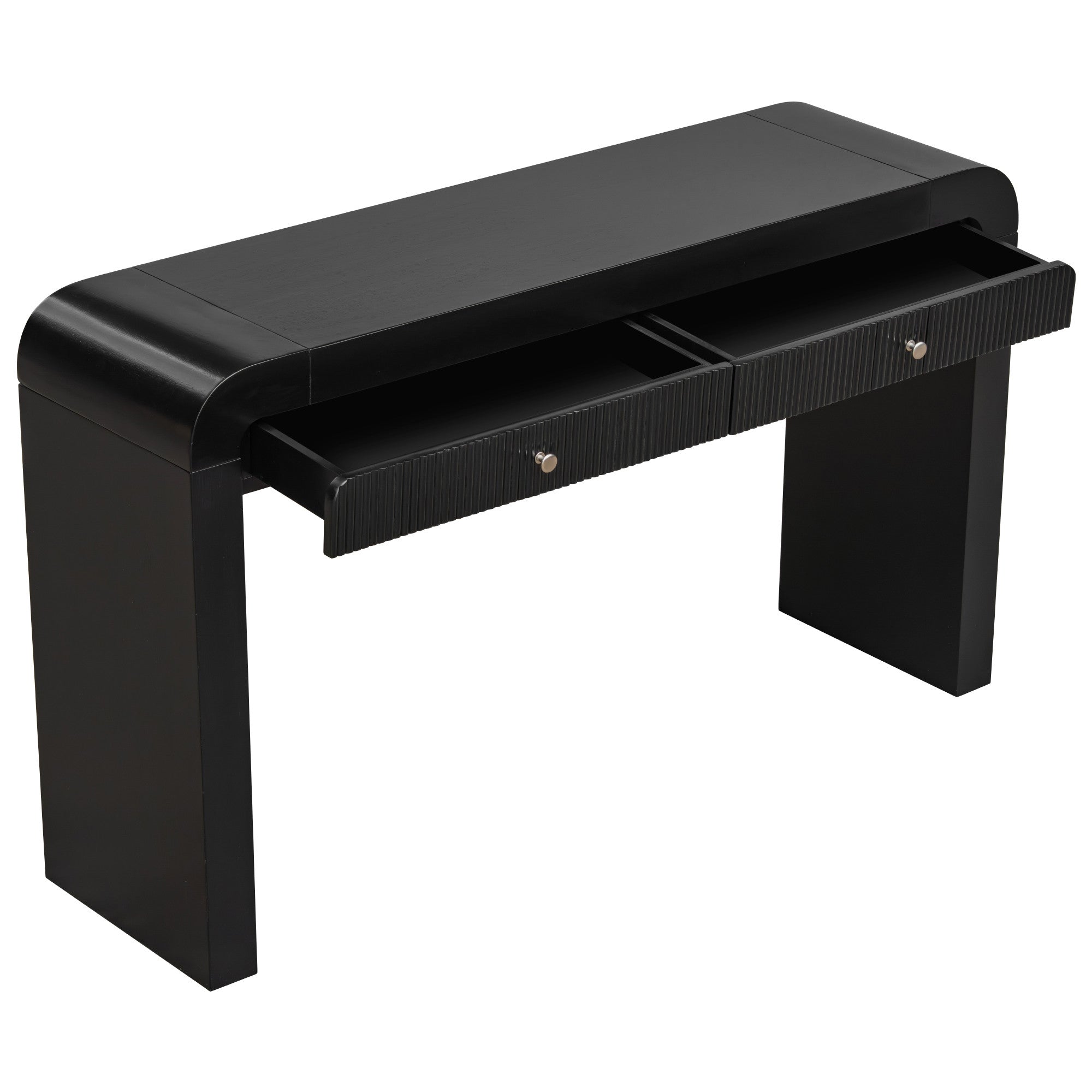 54" Black Wood Double Pedestal Curved Edge Console Table With Two Drawers