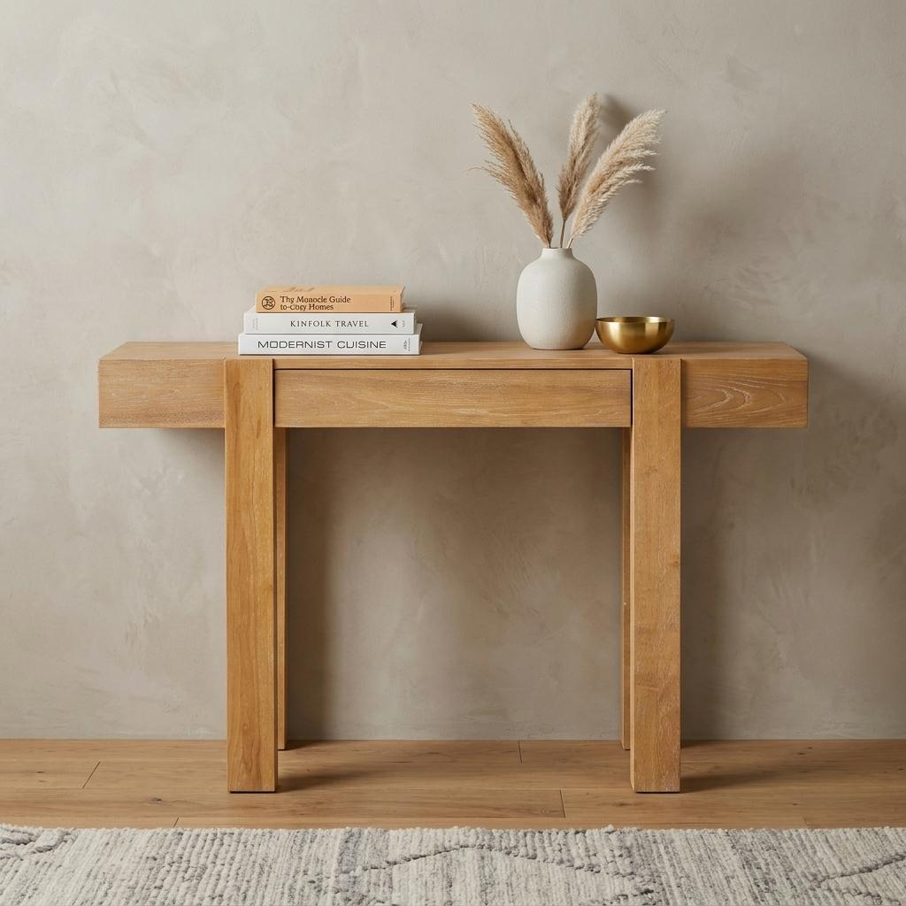 47" Natural Wood Console Table With USB And Drawer