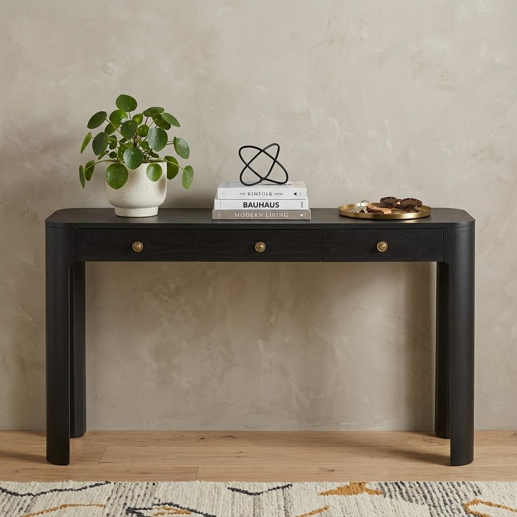 52" Black Wood Console Table With Three Drawers