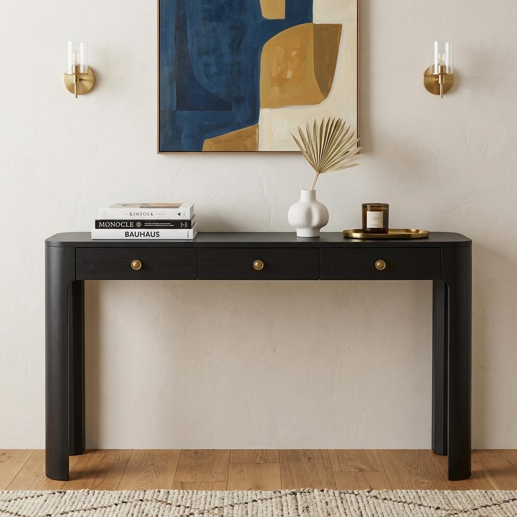 52" Black Wood Console Table With Three Drawers