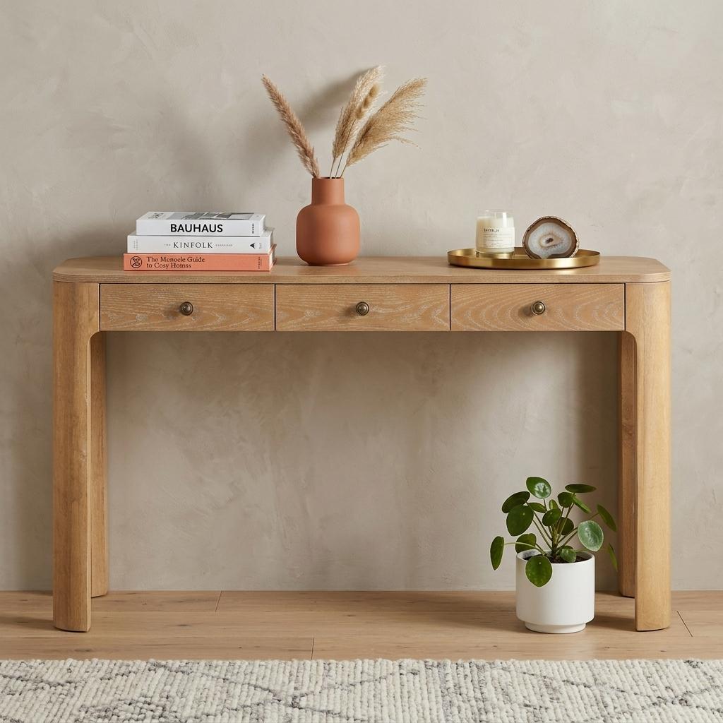 52" Natural Wood Console Table With Three Drawers