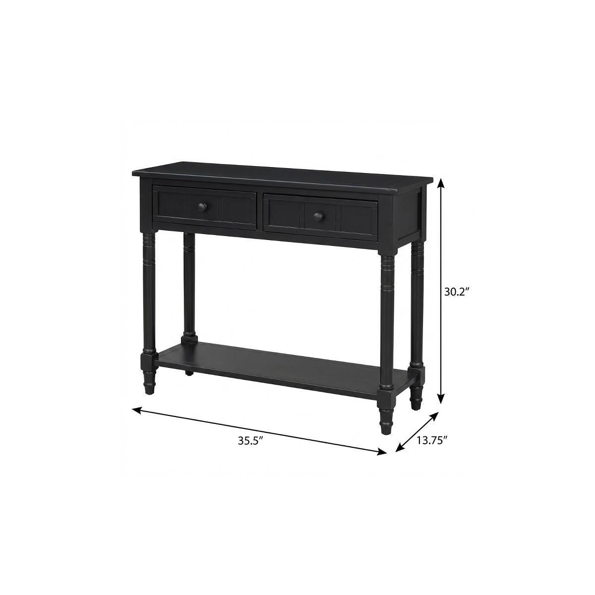 36" Black Solid Wood Console Table With Shelf And Two Drawers