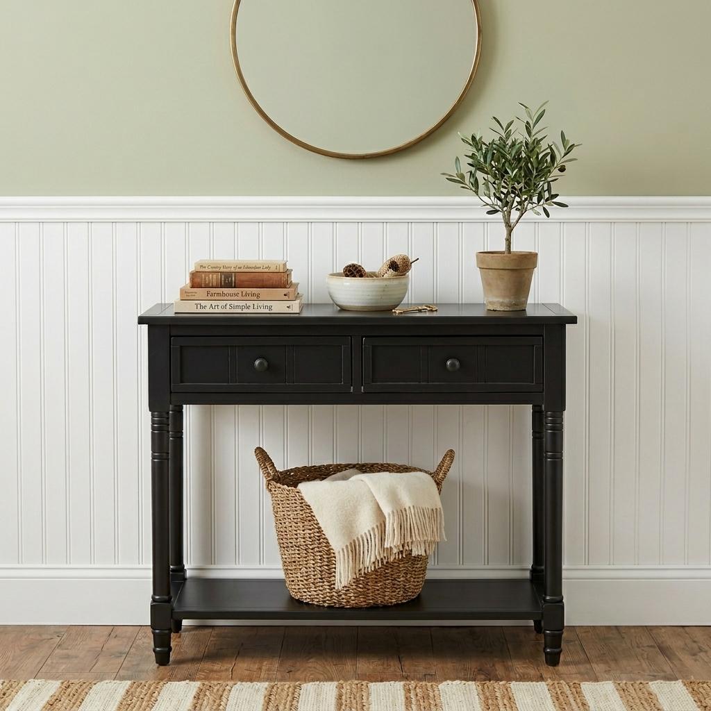 36" Black Solid Wood Console Table With Shelf And Two Drawers