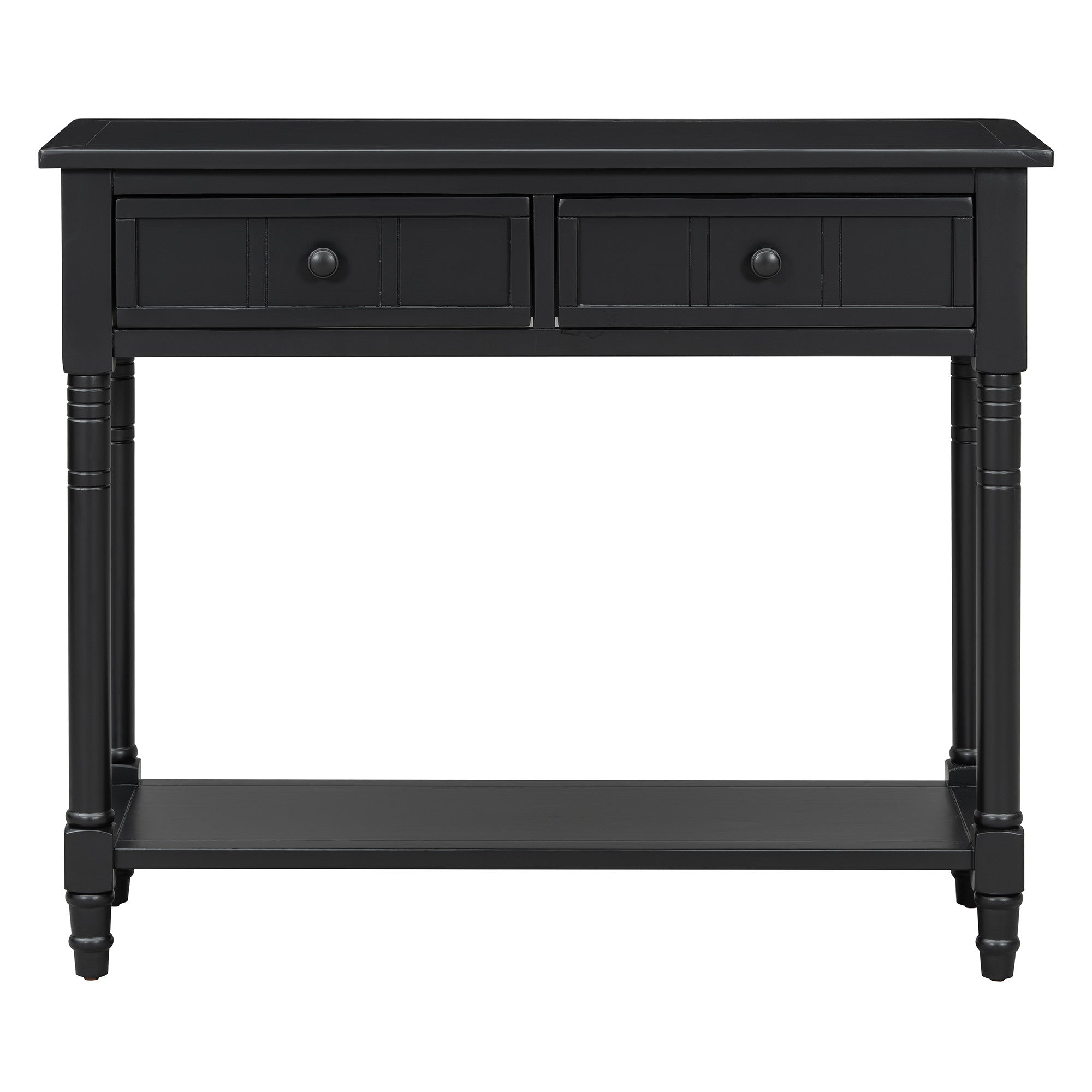 36" Black Solid Wood Console Table With Shelf And Two Drawers