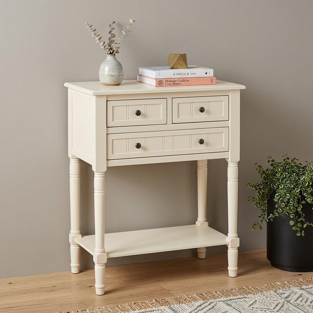 24" Beige Solid Wood Distressed Console Table With Shelf And Three Drawers