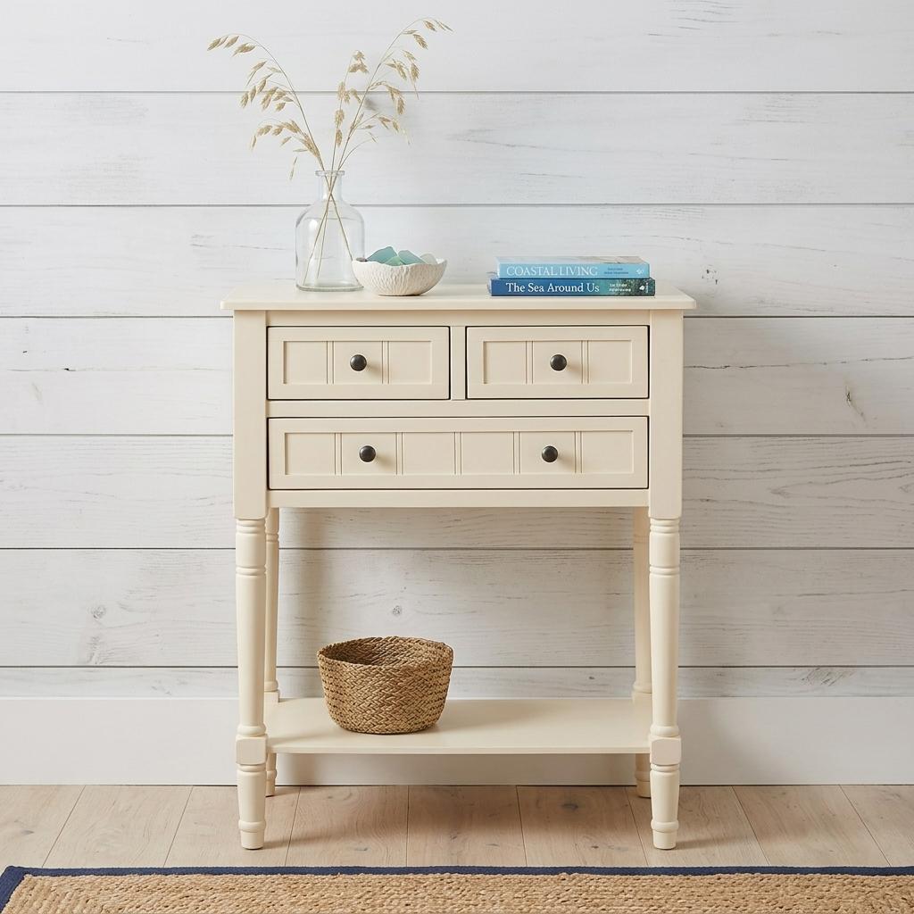 24" Beige Solid Wood Distressed Console Table With Shelf And Three Drawers