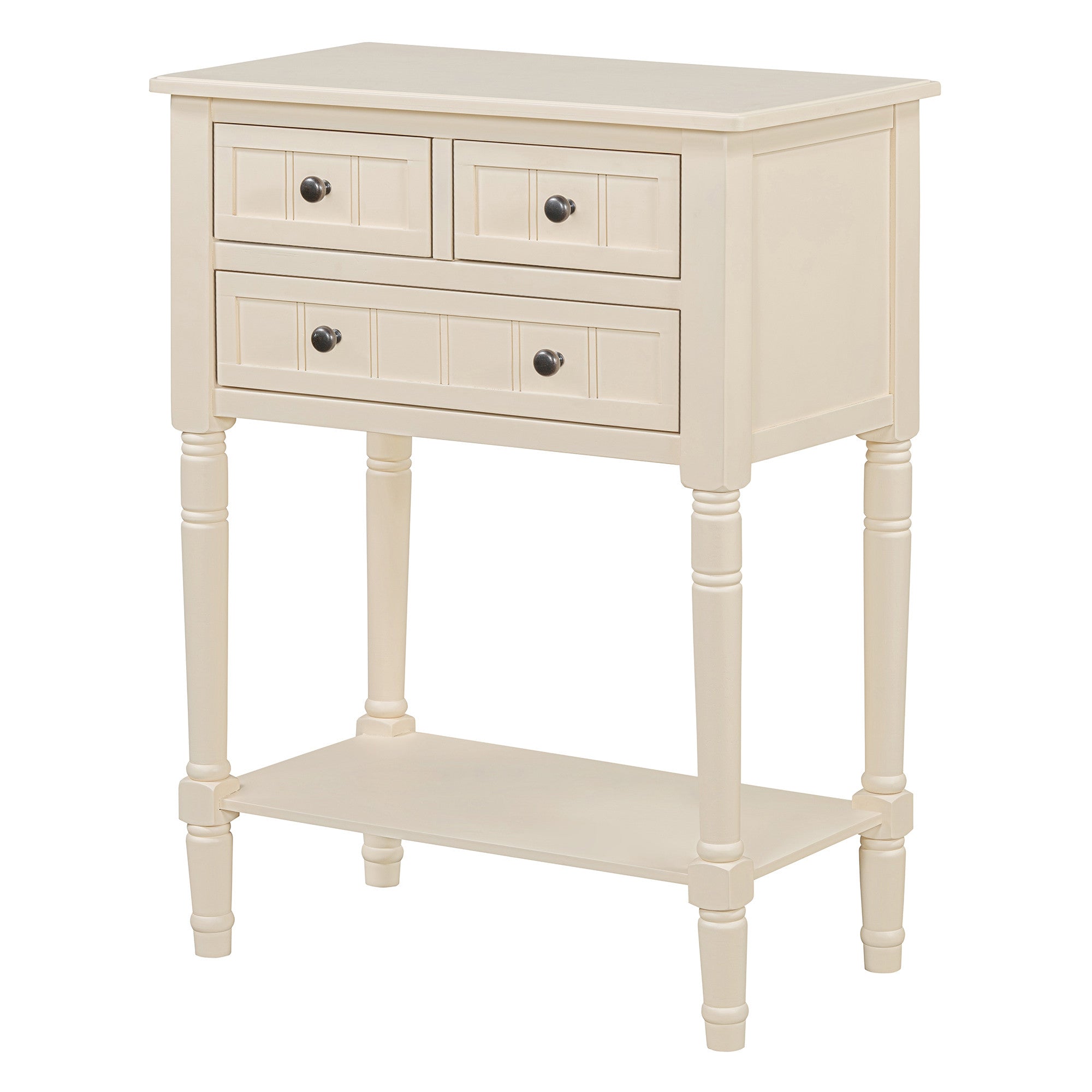 24" Beige Solid Wood Distressed Console Table With Shelf And Three Drawers