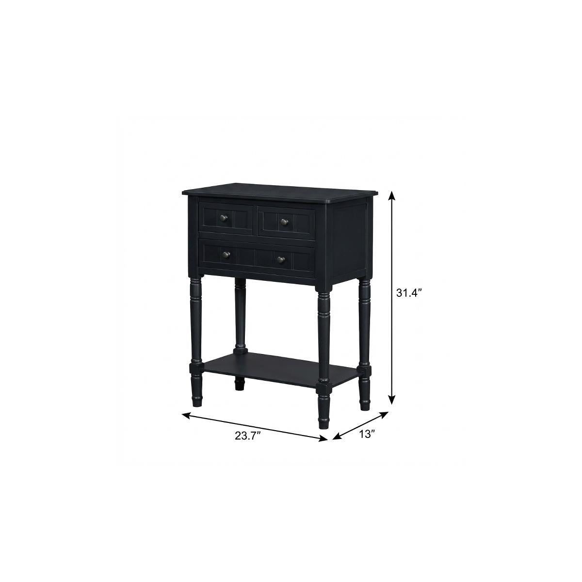 24" Black Solid Wood Console Table With Shelf And Three Drawers