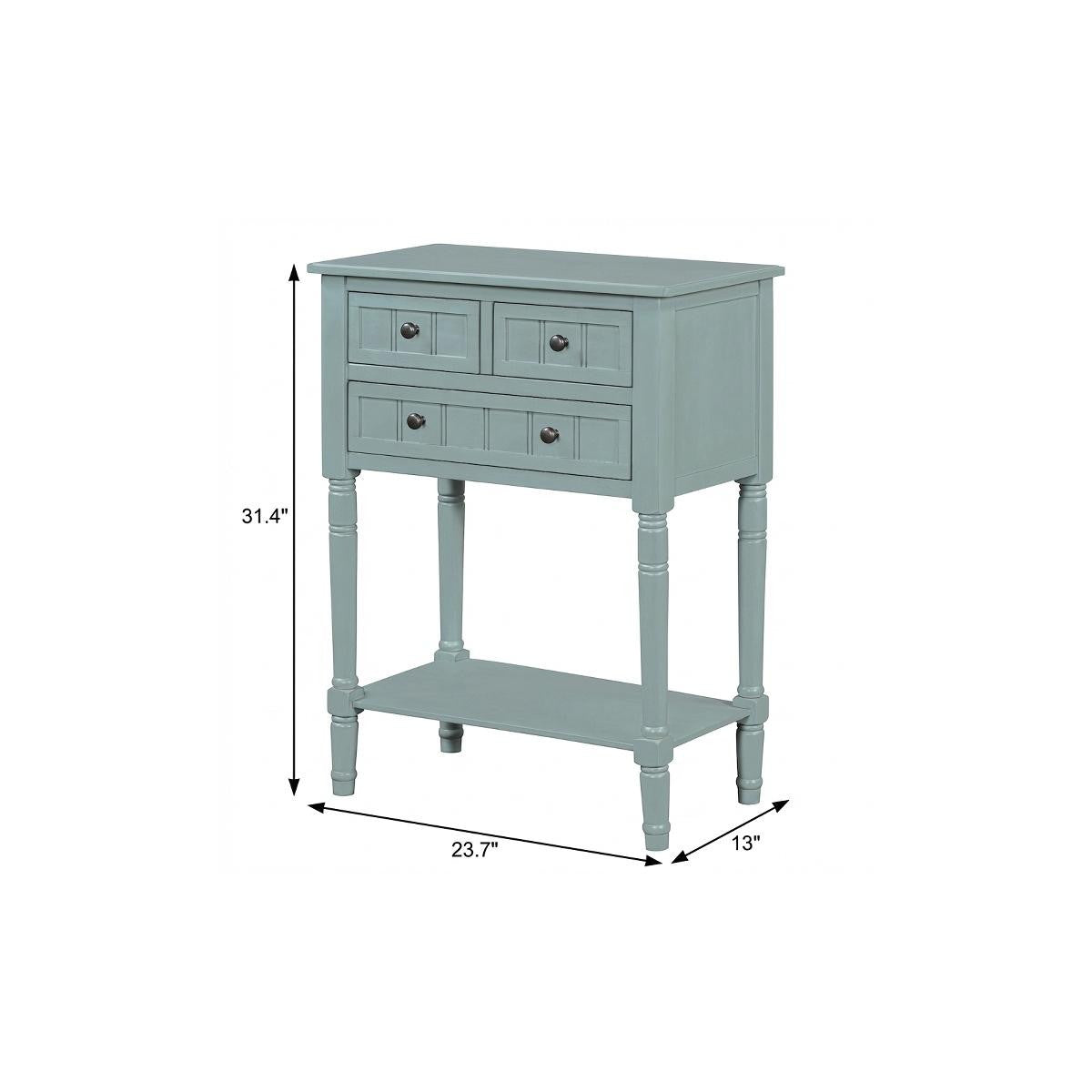 24" Light Blue Solid Wood Distressed Console Table With Shelf And Three Drawers
