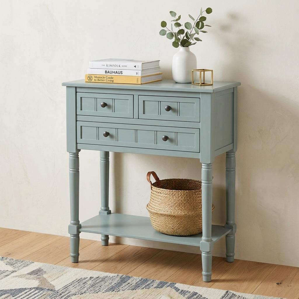 24" Light Blue Solid Wood Distressed Console Table With Shelf And Three Drawers