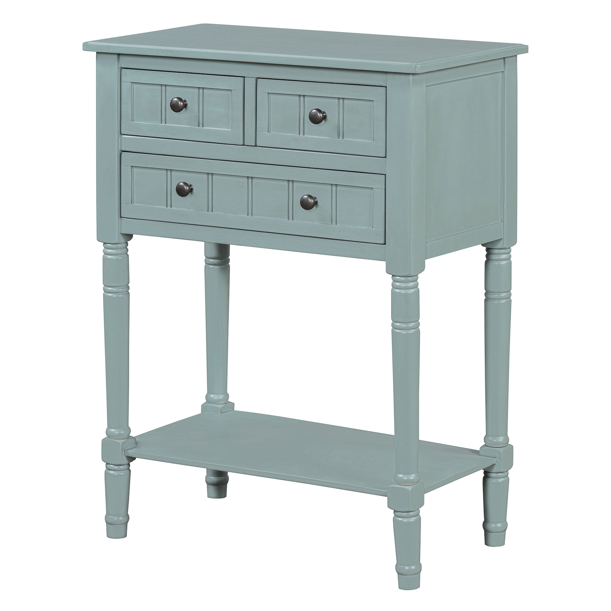 24" Light Blue Solid Wood Distressed Console Table With Shelf And Three Drawers