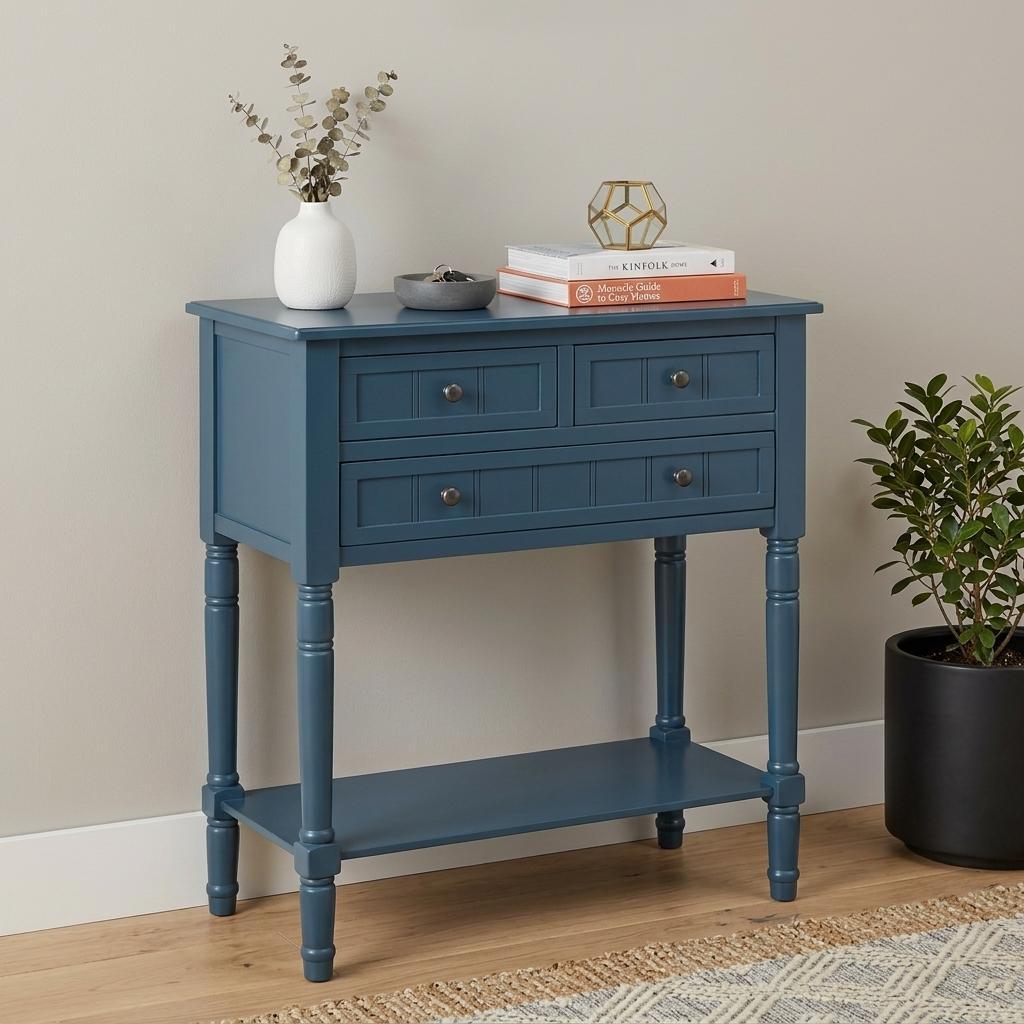 24" Blue Solid Wood Distressed Console Table With Shelf And Three Drawers
