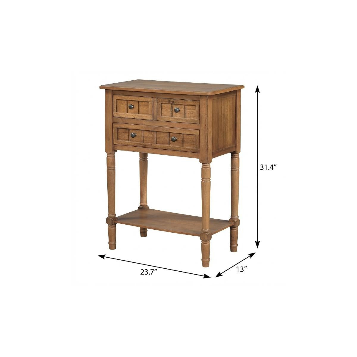 24" Natural Solid Wood Distressed Console Table With Shelf And Three Drawers