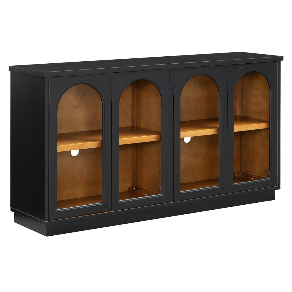 58" Black Wood Buffet Table With Four Glass Doors