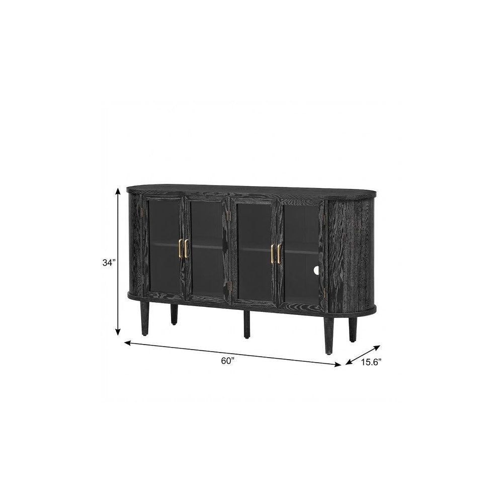 60" Black Wood Buffet Table With Four Glass Doors